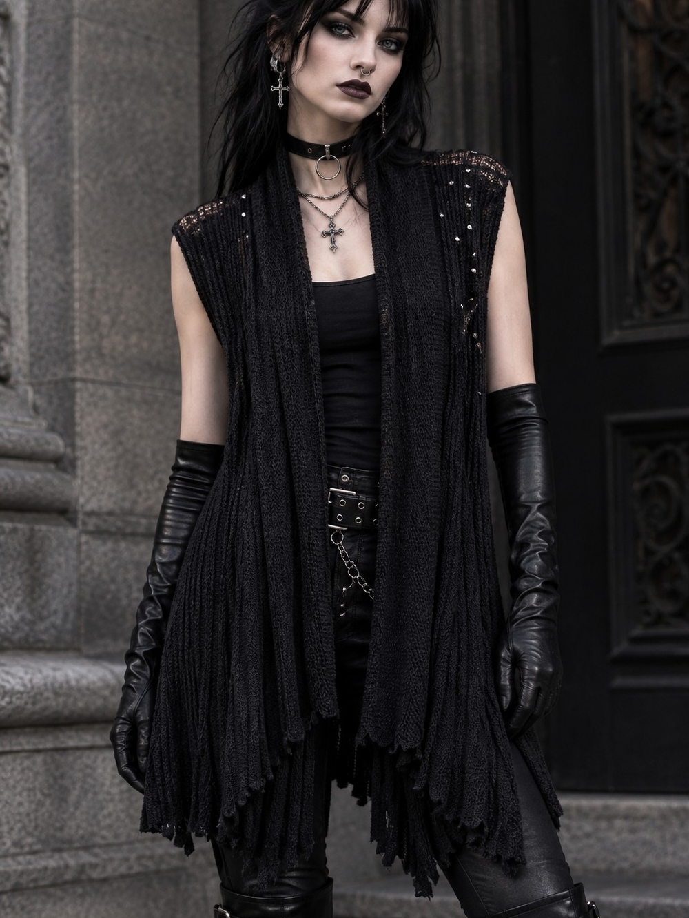 Black Open-Front Ribbed Knit Sweater Cardigan Vest Goth Whimsigoth Witchy